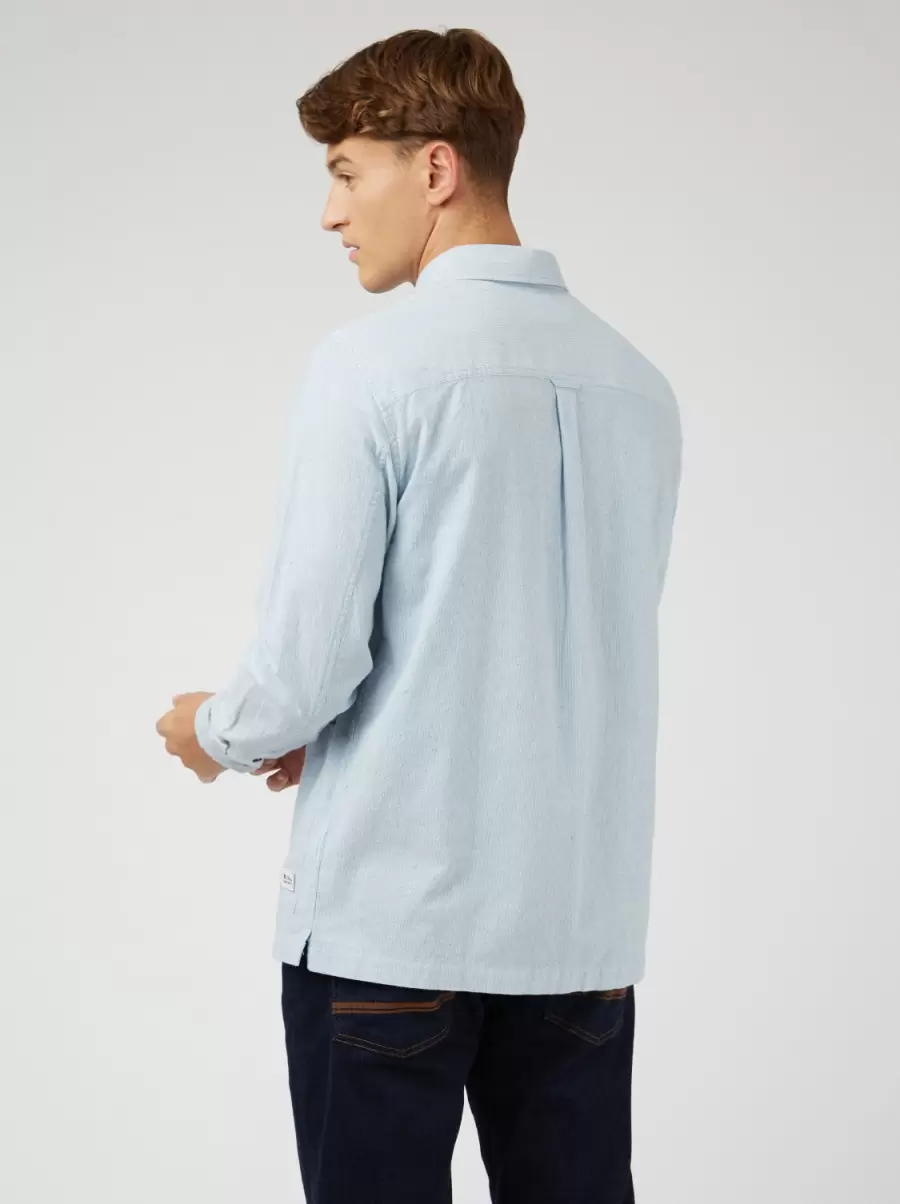 Pale Blue Men Lightweight Textured Summer Overshirt Classic Ben Sherman Shirts - 6