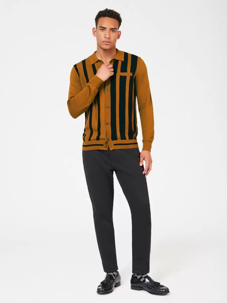 Ben Sherman Polos Men Button Through Stripe Knit Polo Mustard Flexible - 5