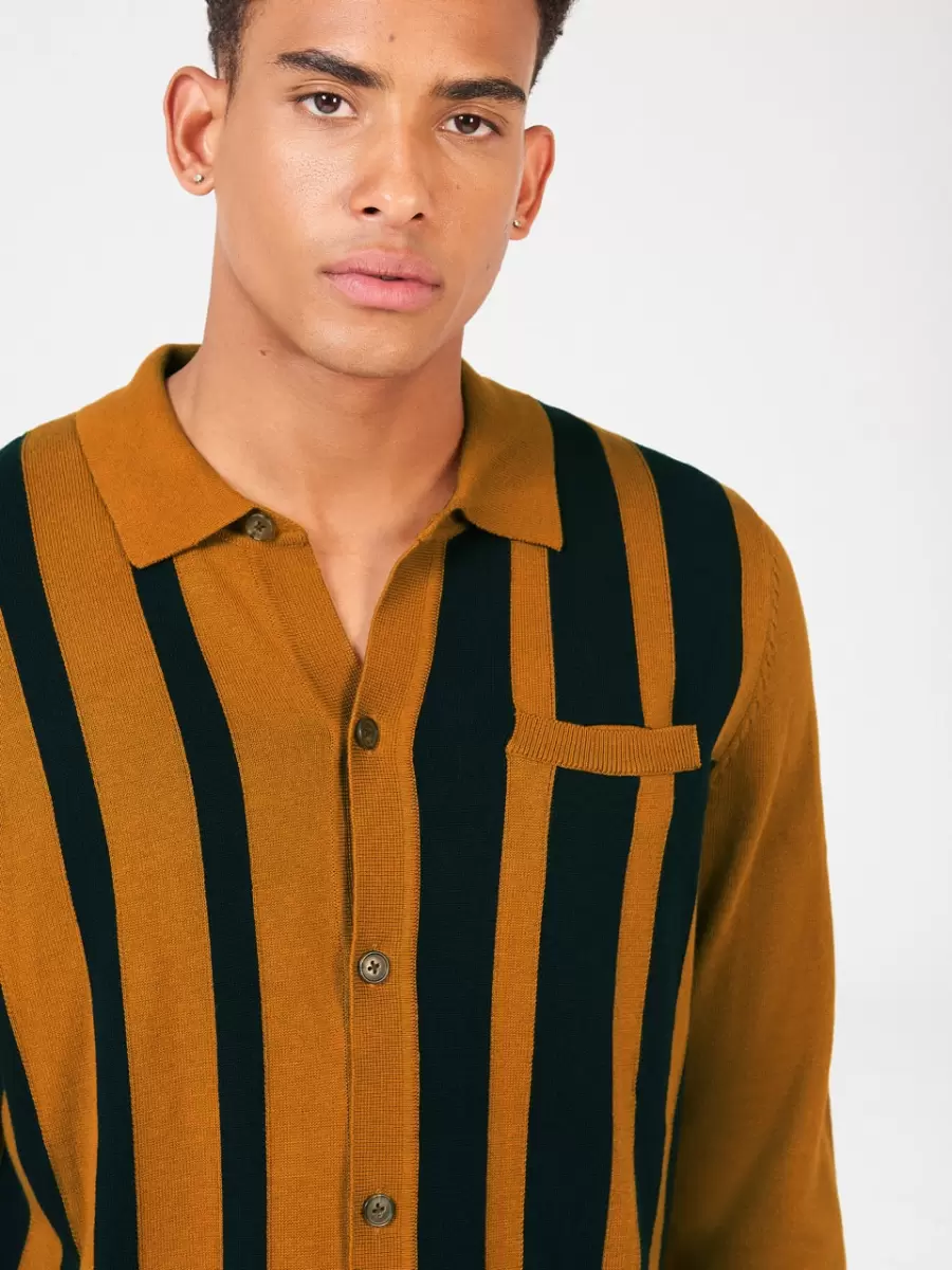 Ben Sherman Polos Men Button Through Stripe Knit Polo Mustard Flexible