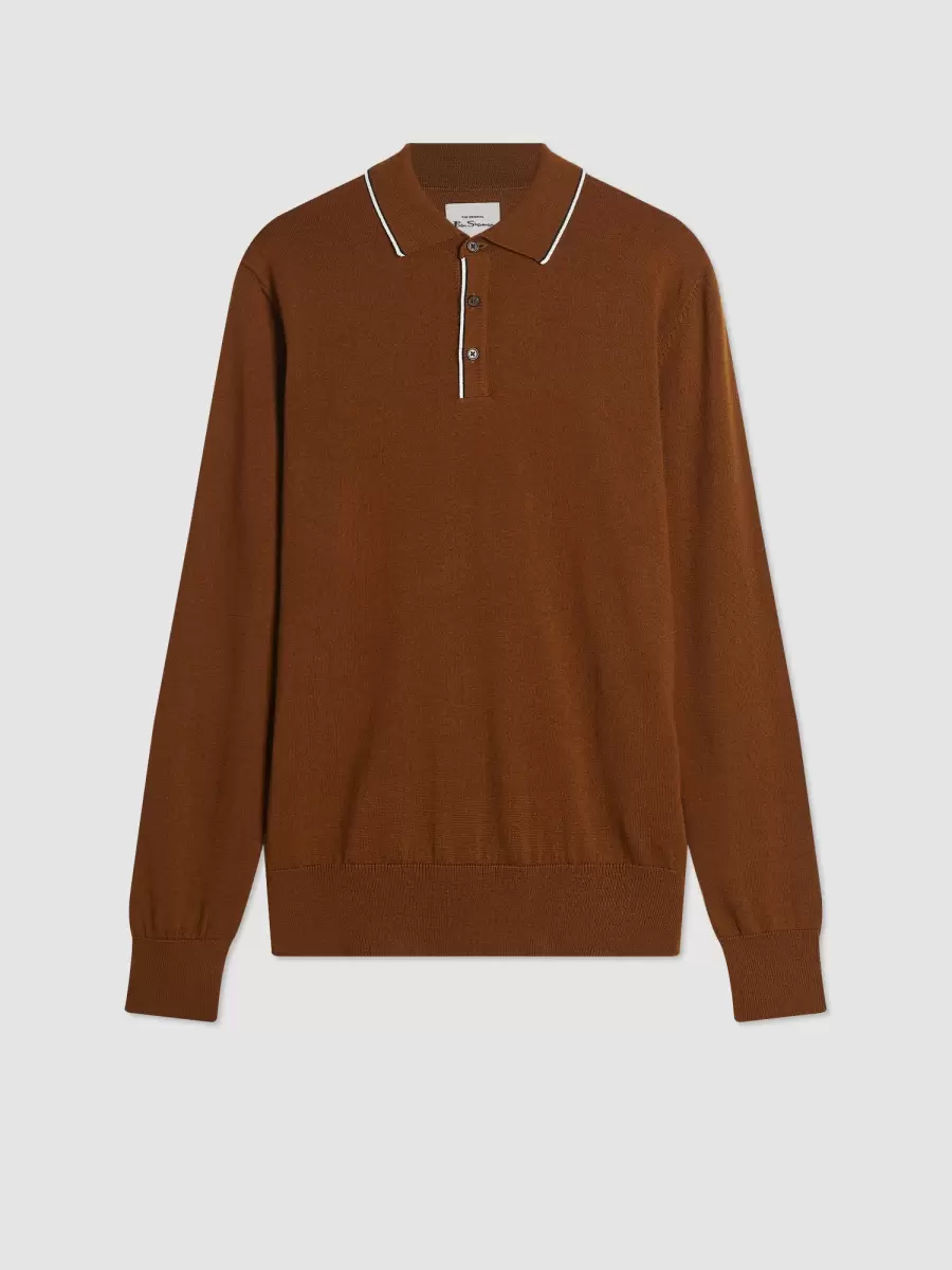 Tipped Merino Knit Sweater Polo - Brown Utility Brown Ben Sherman Men Polos Style - 1