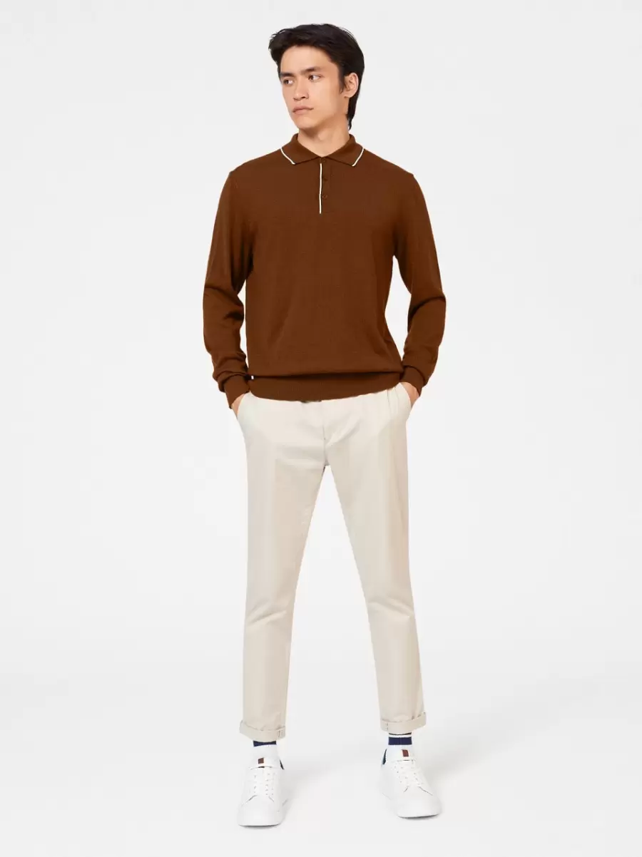 Tipped Merino Knit Sweater Polo - Brown Utility Brown Ben Sherman Men Polos Style - 3