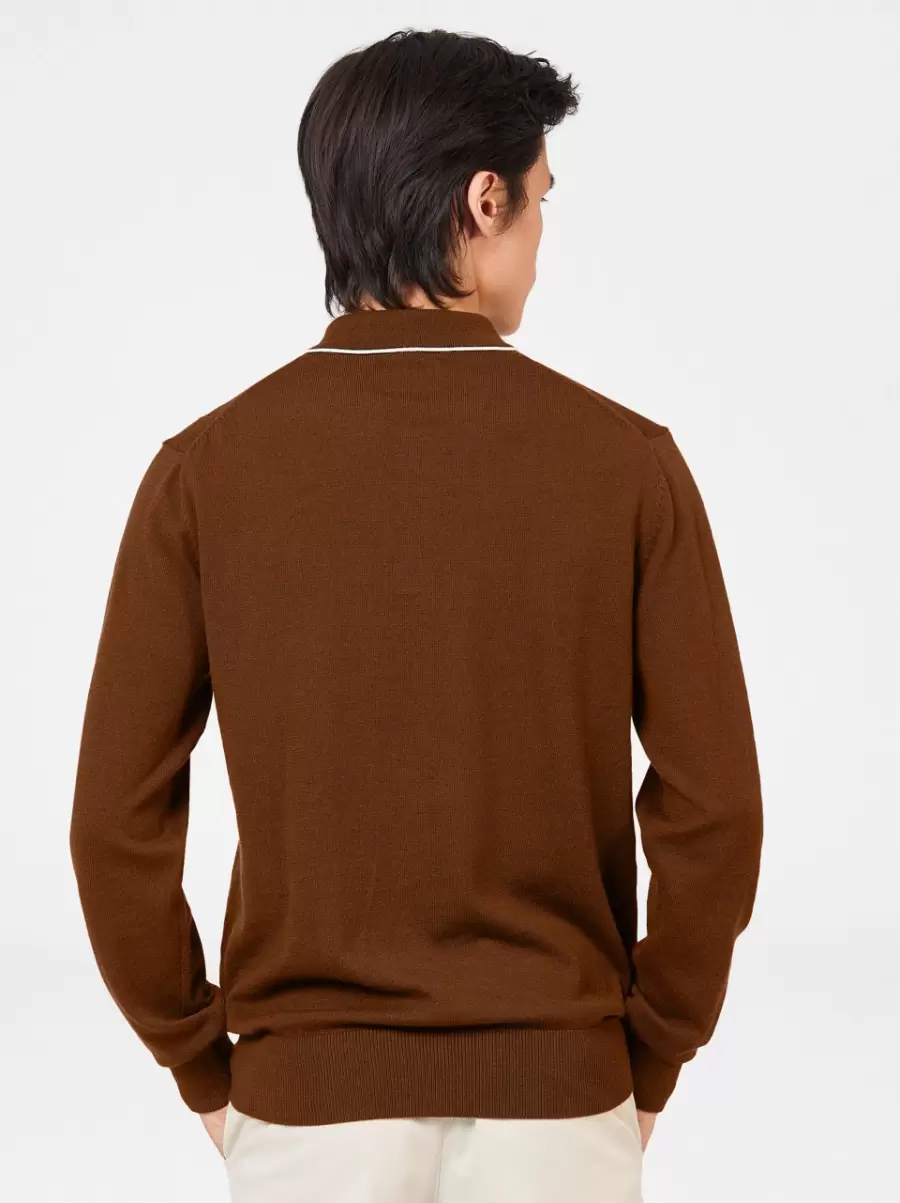 Tipped Merino Knit Sweater Polo - Brown Utility Brown Ben Sherman Men Polos Style - 4
