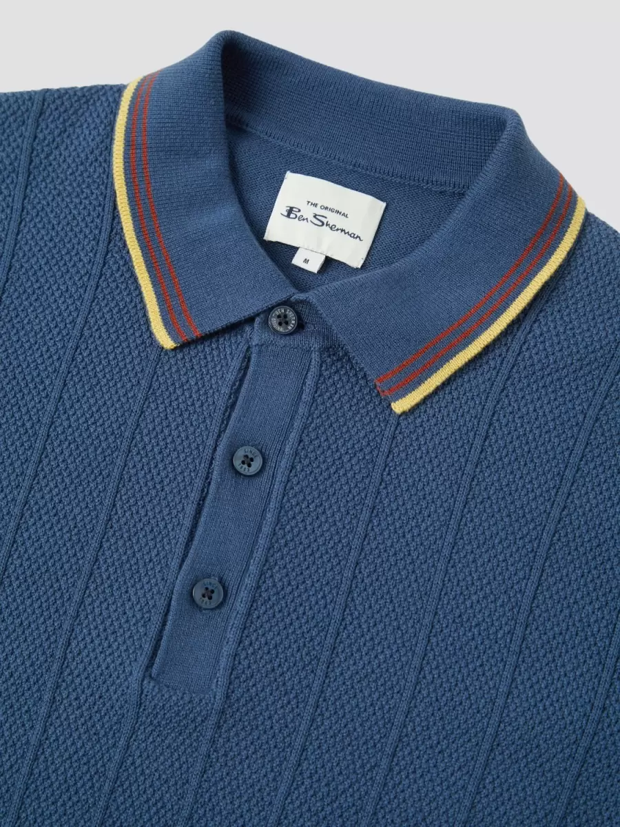 Men Ben Sherman Vivid Polos Blue Denim Textured Knit Fitted Polo - Blue Denim - 3