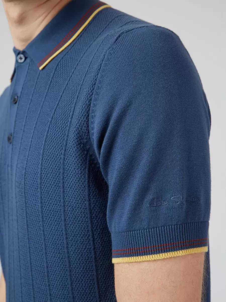 Men Ben Sherman Vivid Polos Blue Denim Textured Knit Fitted Polo - Blue Denim - 5