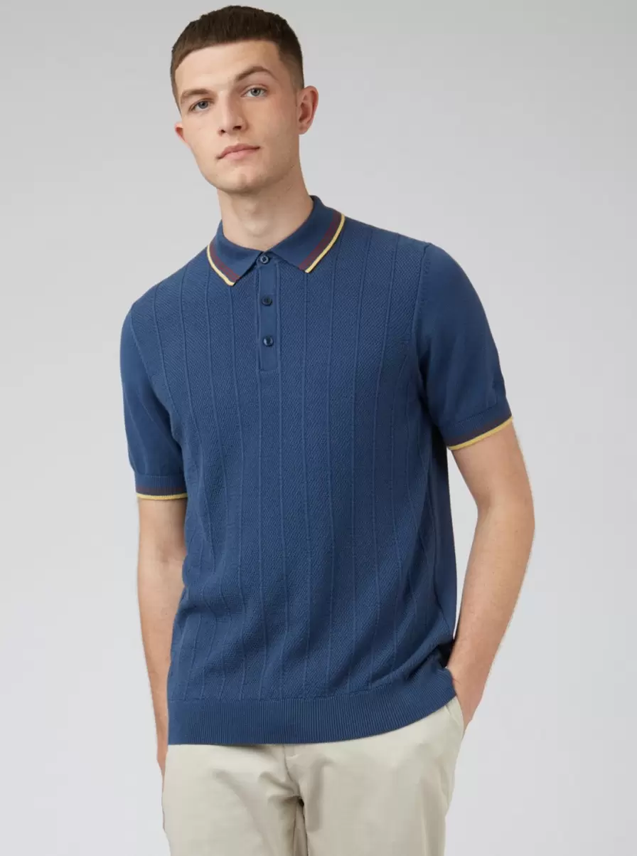 Men Ben Sherman Vivid Polos Blue Denim Textured Knit Fitted Polo - Blue Denim - 6