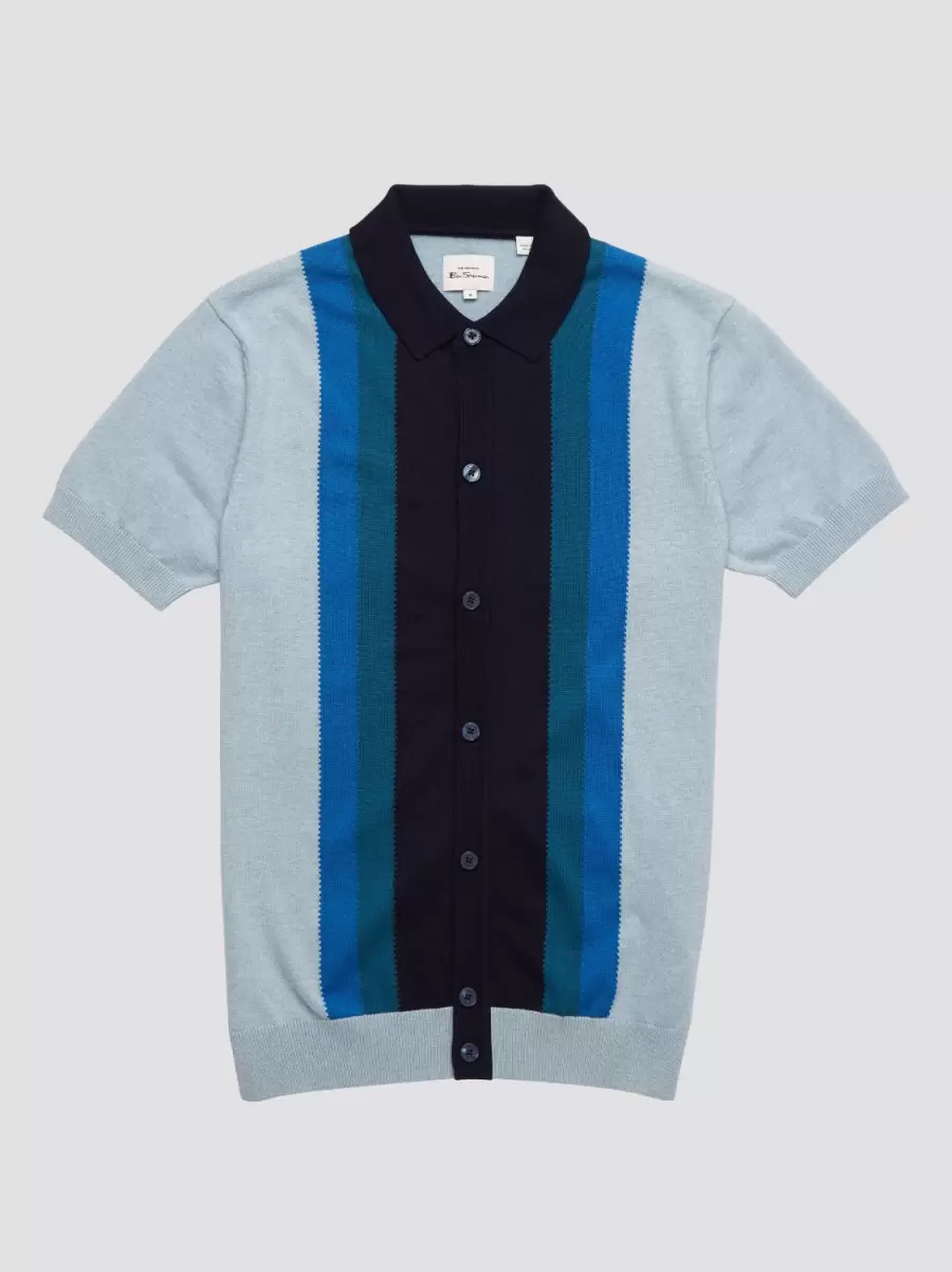 Button-Through Mod Knit Stripe Polo - Sky Polos Flexible Sky Ben Sherman Men