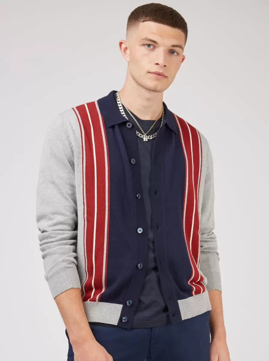 Men Grey Button-Through Colorblock Knit Long-Sleeve Polo Polos Ben Sherman Purchase - 1