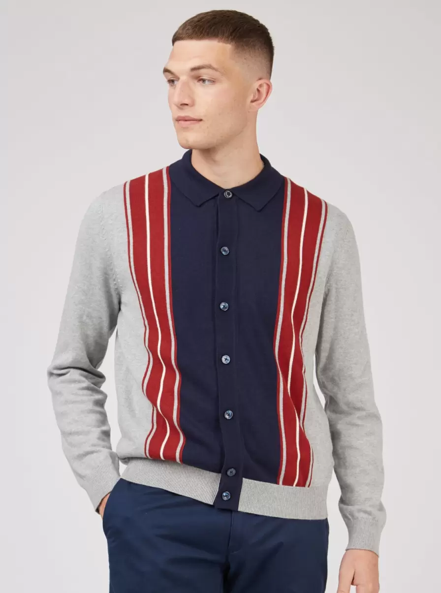 Men Grey Button-Through Colorblock Knit Long-Sleeve Polo Polos Ben Sherman Purchase - 3
