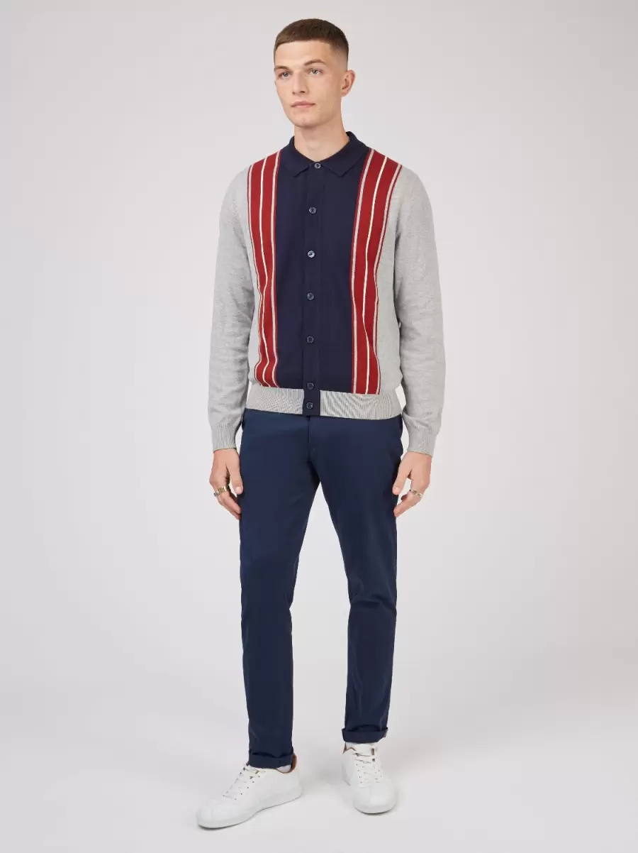 Men Grey Button-Through Colorblock Knit Long-Sleeve Polo Polos Ben Sherman Purchase - 4