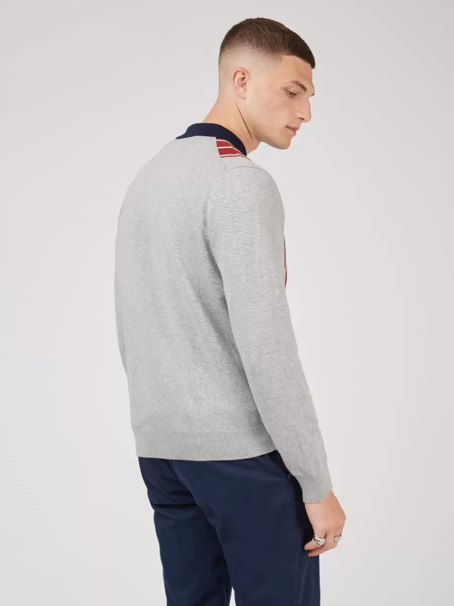 Men Grey Button-Through Colorblock Knit Long-Sleeve Polo Polos Ben Sherman Purchase - 5