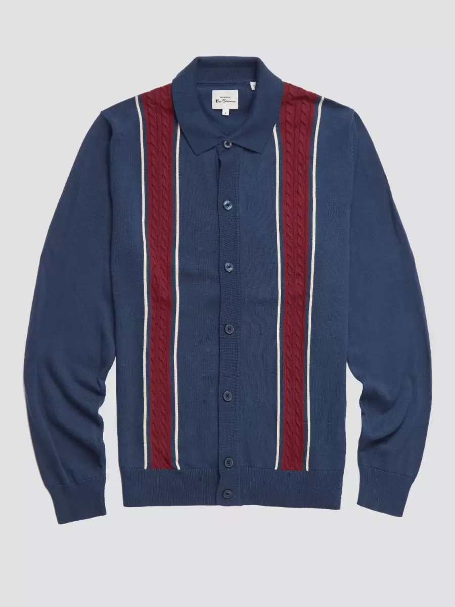 Button-Through Contrast Stripe Long-Sleeve Knit Polo Dark Blue Safe Polos Ben Sherman Men - 1