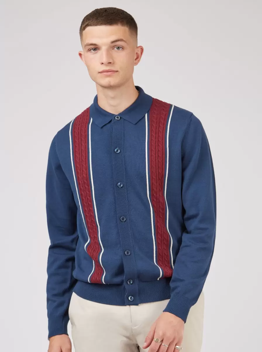 Button-Through Contrast Stripe Long-Sleeve Knit Polo Dark Blue Safe Polos Ben Sherman Men - 4