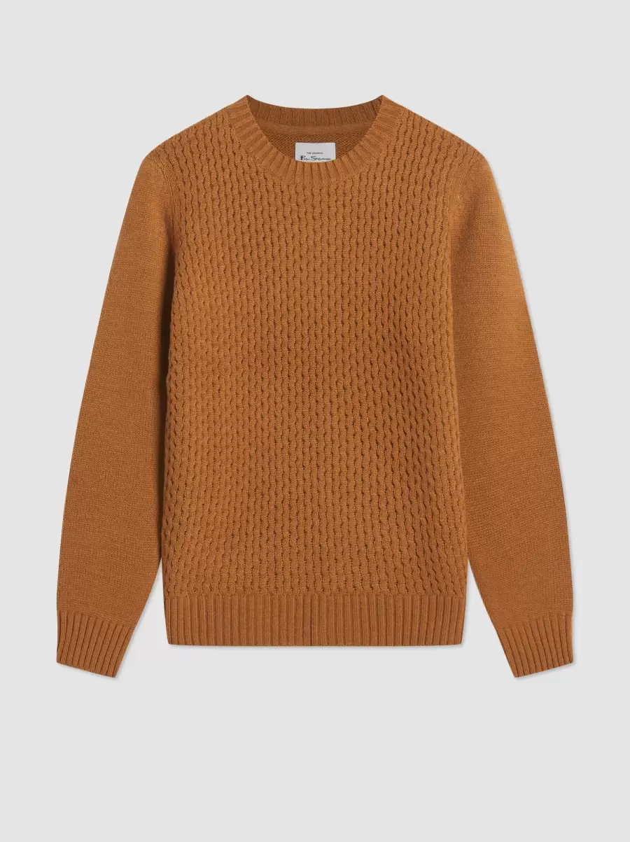 Men Ben Sherman Sweaters & Knits Aran Knit Crewneck Sweater - Ginger Versatile Ginger - 2