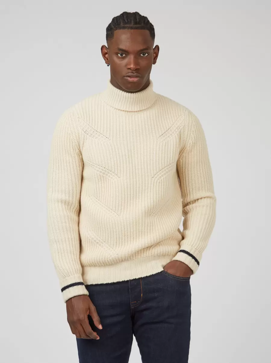 Discount Ben Sherman Ivory Men Chunky Roll-Neck Striped Sweater - Ivory Sweaters & Knits - 1