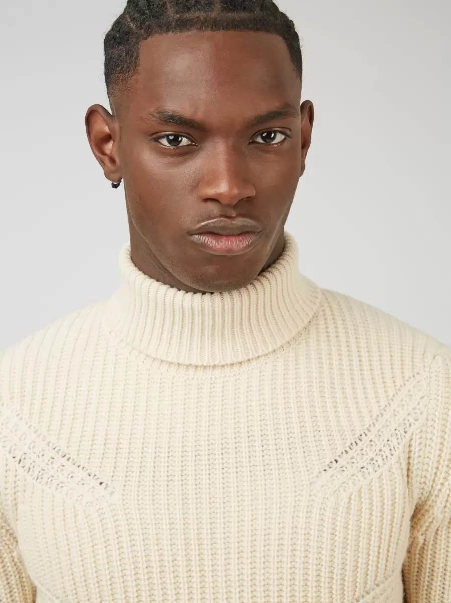 Discount Ben Sherman Ivory Men Chunky Roll-Neck Striped Sweater - Ivory Sweaters & Knits - 4