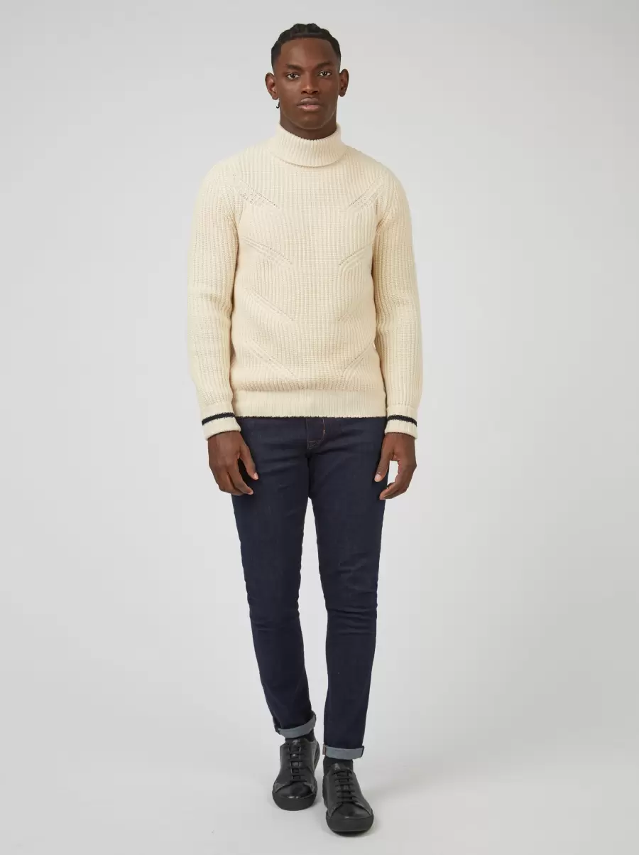 Discount Ben Sherman Ivory Men Chunky Roll-Neck Striped Sweater - Ivory Sweaters & Knits - 8