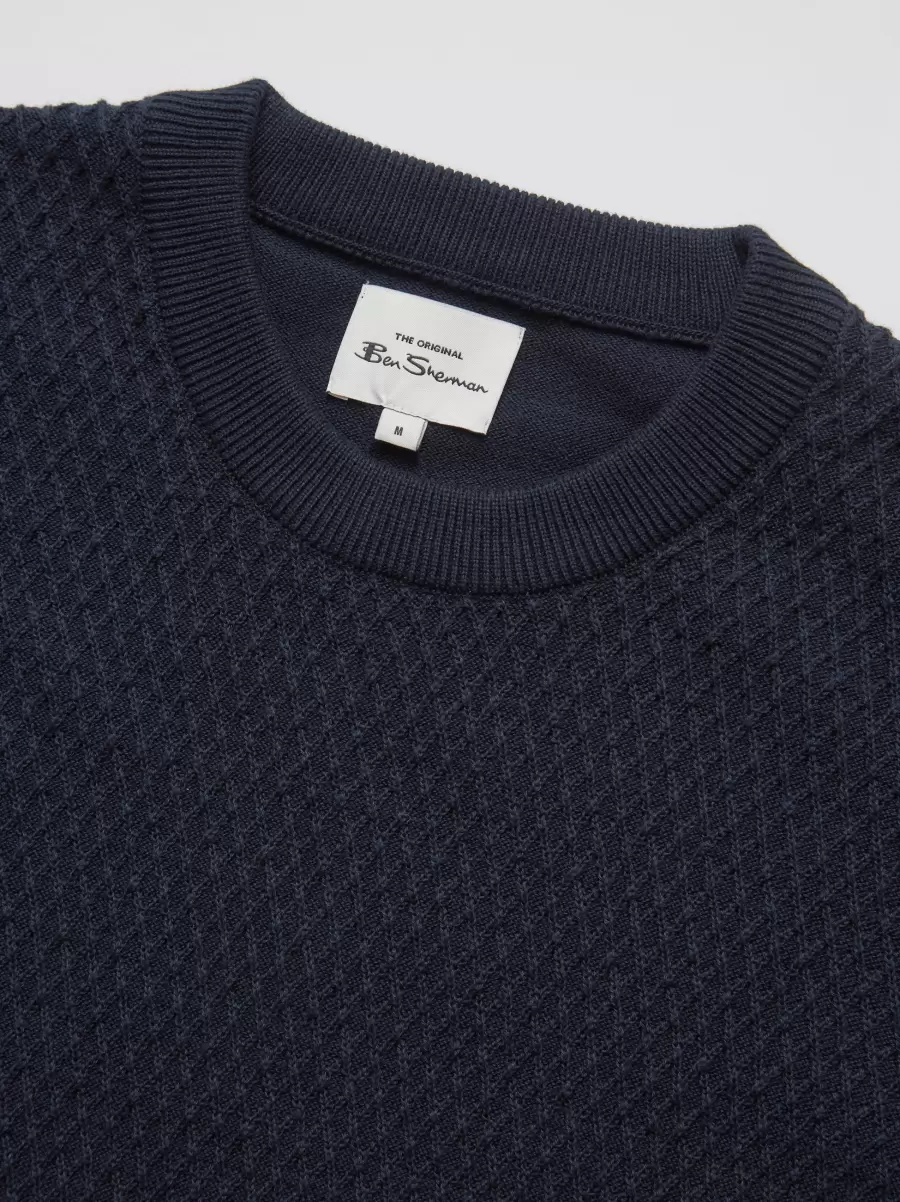 Men Dark Navy Textured Knit Crewneck Sweater - Navy Sweaters & Knits Ben Sherman Online - 2