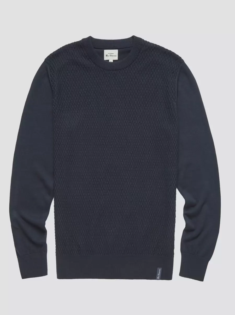 Men Dark Navy Textured Knit Crewneck Sweater - Navy Sweaters & Knits Ben Sherman Online - 6