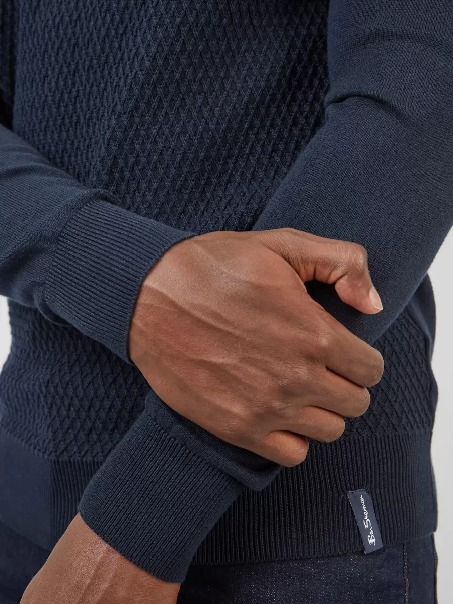 Men Dark Navy Textured Knit Crewneck Sweater - Navy Sweaters & Knits Ben Sherman Online - 7