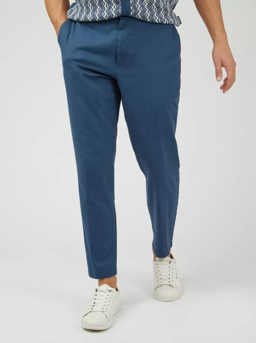 Blue Pants & Chinos Fresh Men Ben Sherman Signature Slim Taper Linen Trousers - Blue - 2