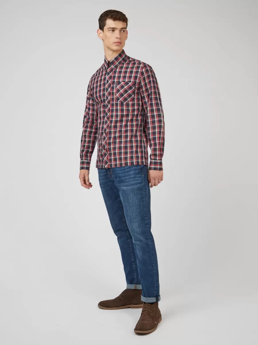 Grid Check Long-Sleeve Shirt - Red Ben Sherman Red Introductory Offer Long Sleeve Shirts Men - 5