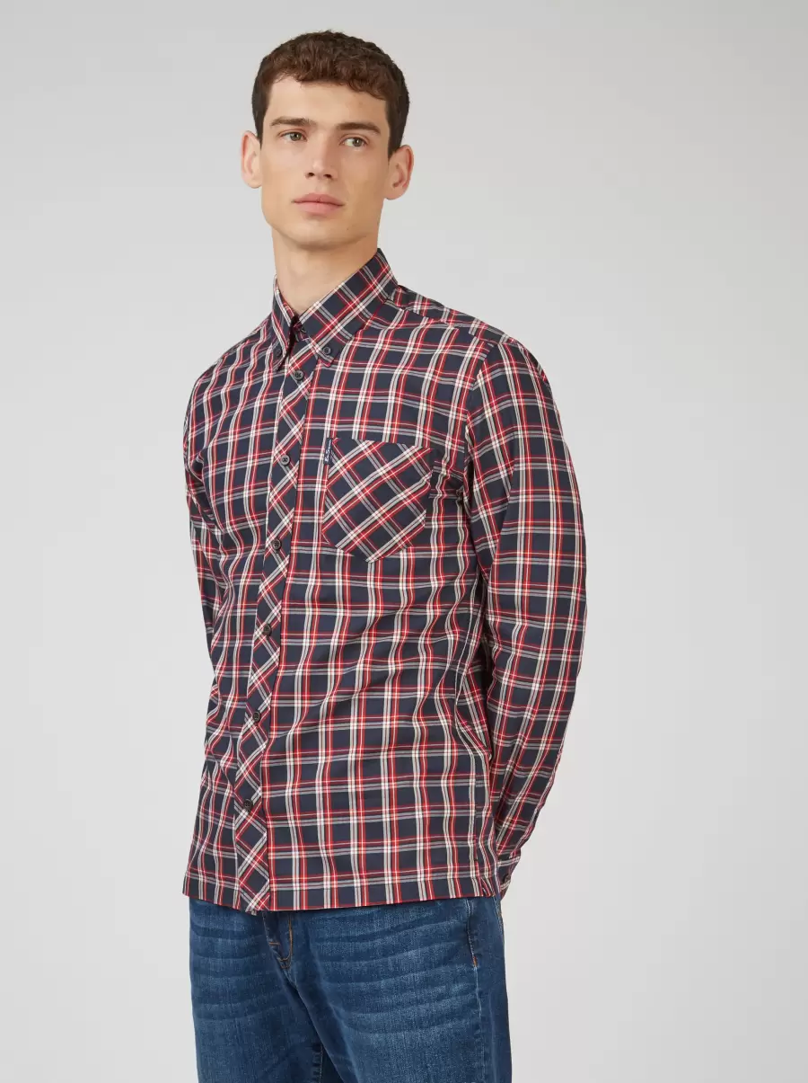 Grid Check Long-Sleeve Shirt - Red Ben Sherman Red Introductory Offer Long Sleeve Shirts Men