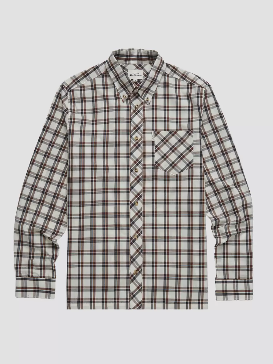 Men Ivory Ben Sherman Heavy-Duty Grid Check Long-Sleeve Shirt - Ivory Long Sleeve Shirts - 5