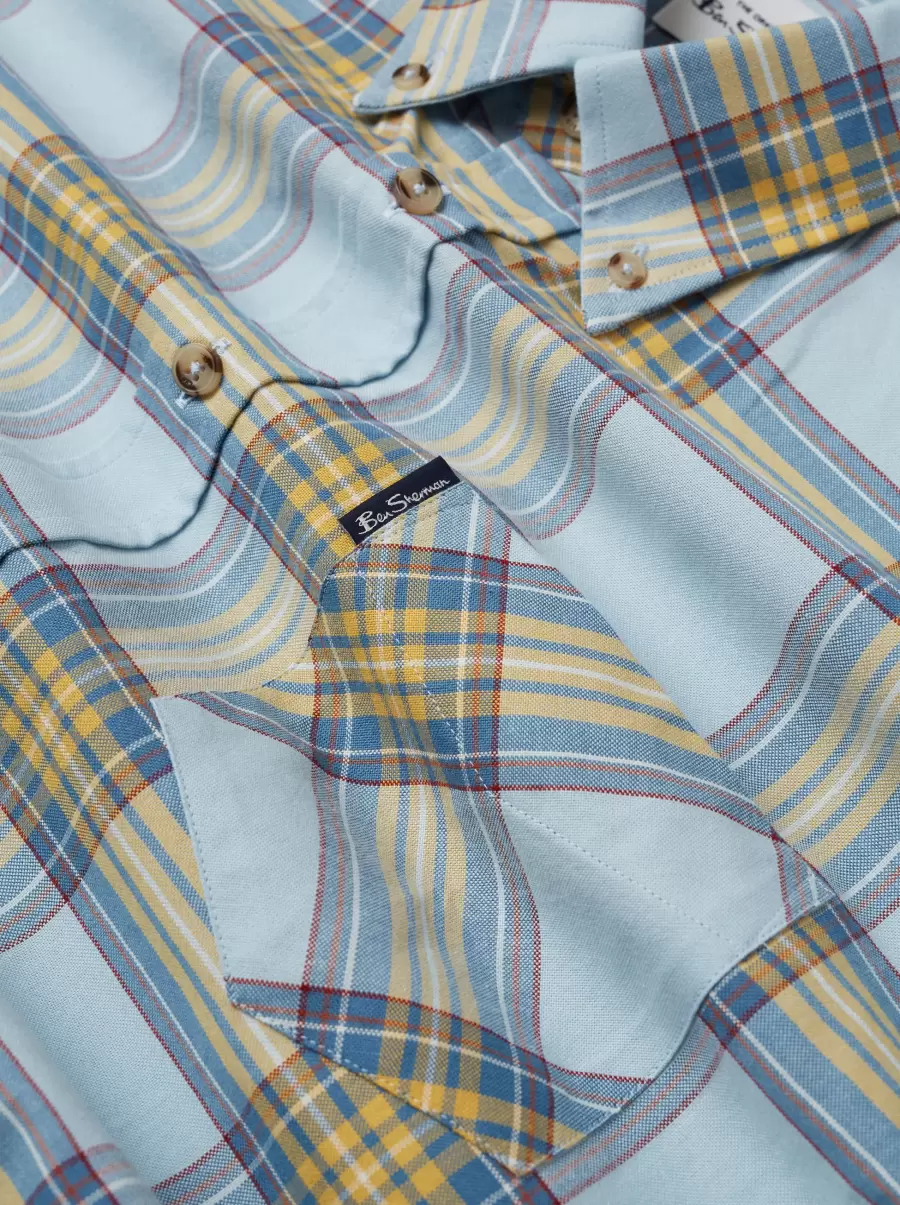 Retro Oxford Tartan Check Long-Sleeve Shirt - Sky Blue Men Long Sleeve Shirts Sky Blue|Hunter Green Ben Sherman - 5