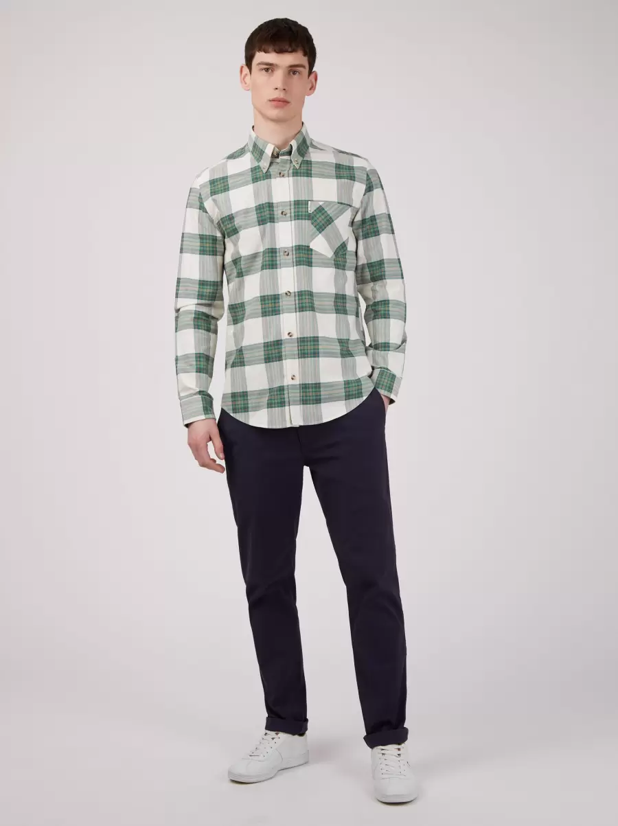 Oxford Tartan Check Long-Sleeve Shirt - Hunter Green Long Sleeve Shirts Ben Sherman Hunter Green Men Comfortable - 1