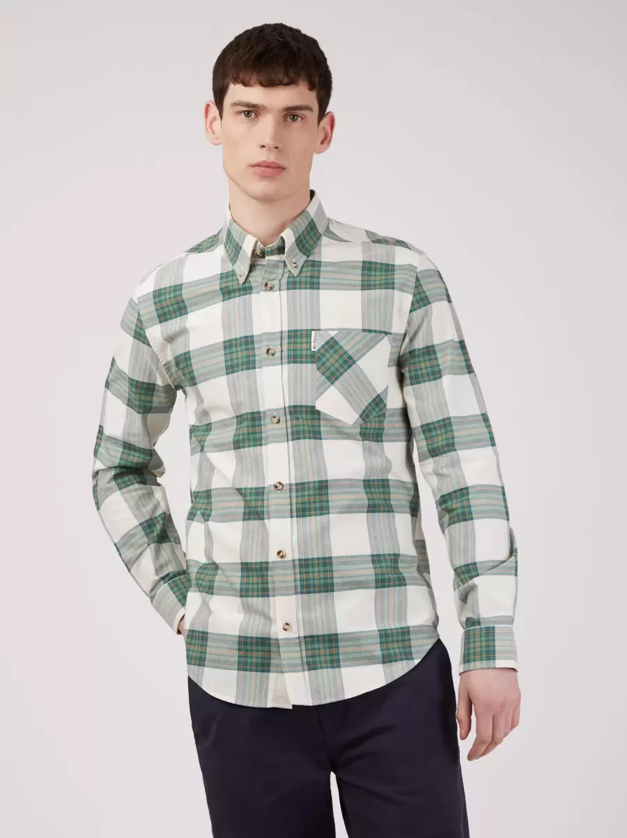 Oxford Tartan Check Long-Sleeve Shirt - Hunter Green Long Sleeve Shirts Ben Sherman Hunter Green Men Comfortable