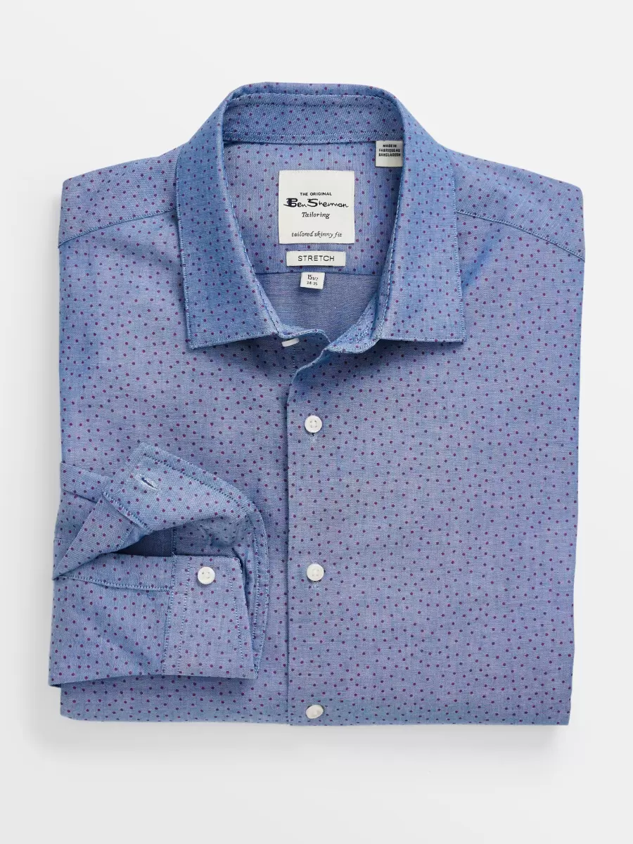 Ben Sherman Quality Men Dot Print Skinny Fit Dress Shirt - Blue/Rose Blue/Rose Long Sleeve Shirts