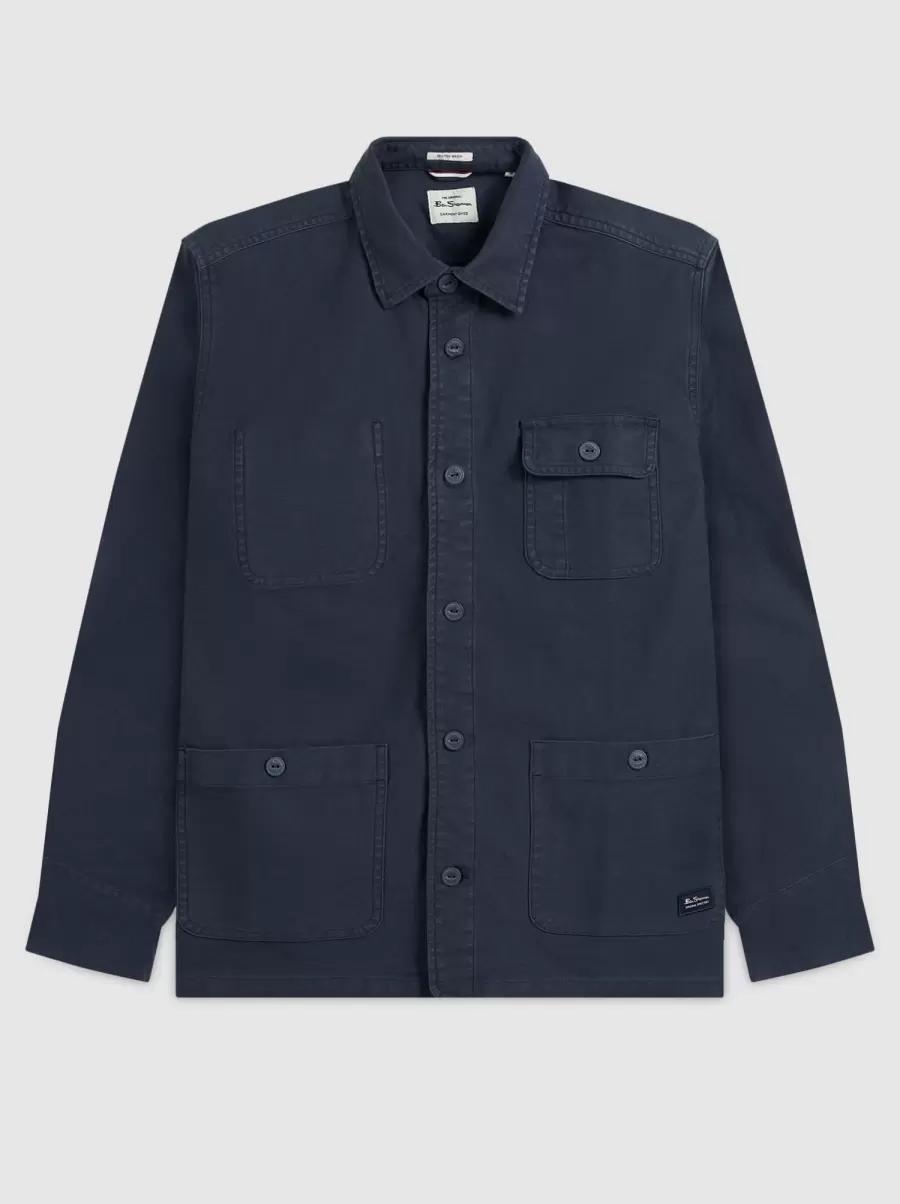 Men Intuitive Garment Dye Chore Shirt Jacket - Navy Long Sleeve Shirts Navy Ben Sherman