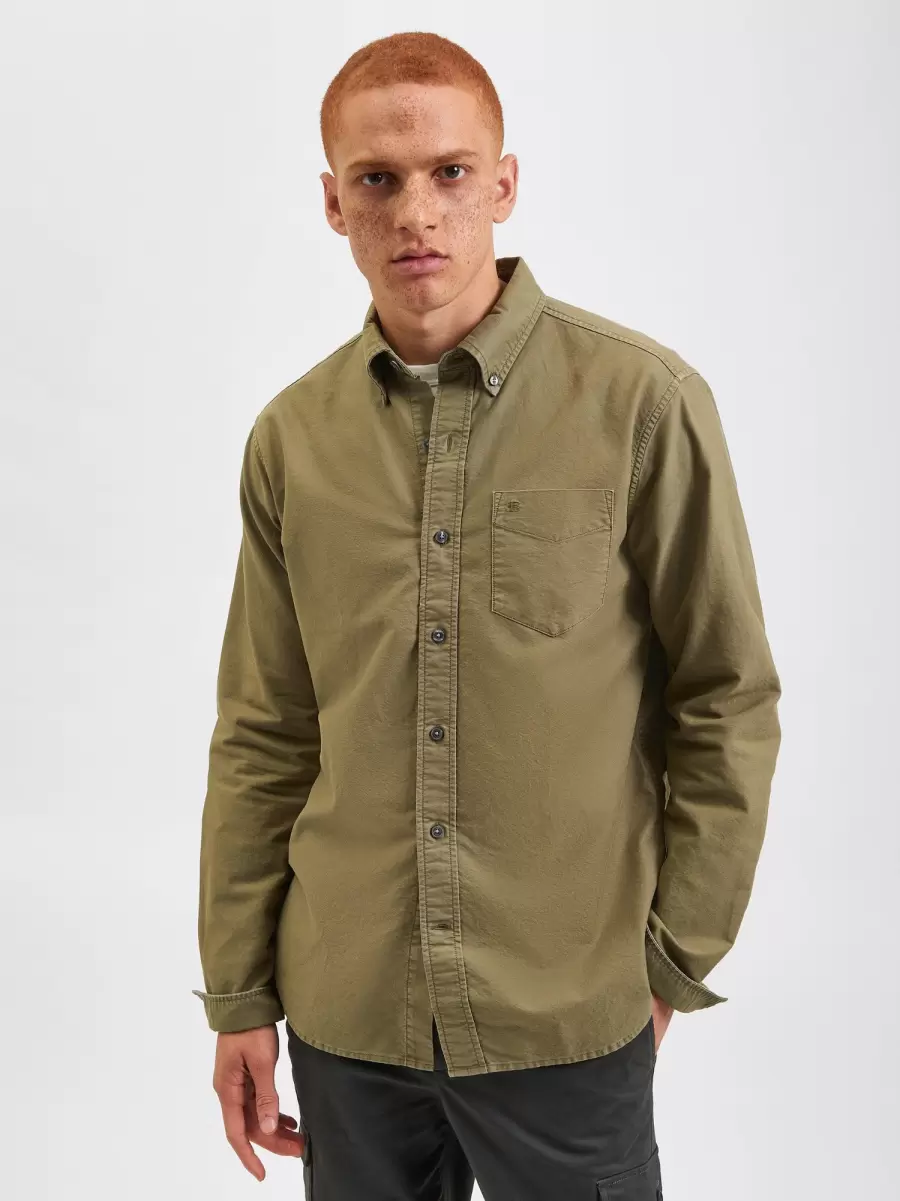 Long Sleeve Shirts Ben Sherman Clean Beatnik Oxford Garment Dye Shirt - Military Green Men Military Green - 3