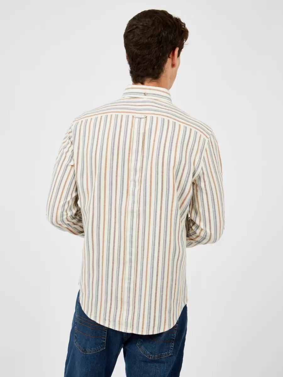Ben Sherman Compact Men Long Sleeve Shirts Ivory Long-Sleeve Brushed Vertical-Stripe Shirt - Ivory - 1