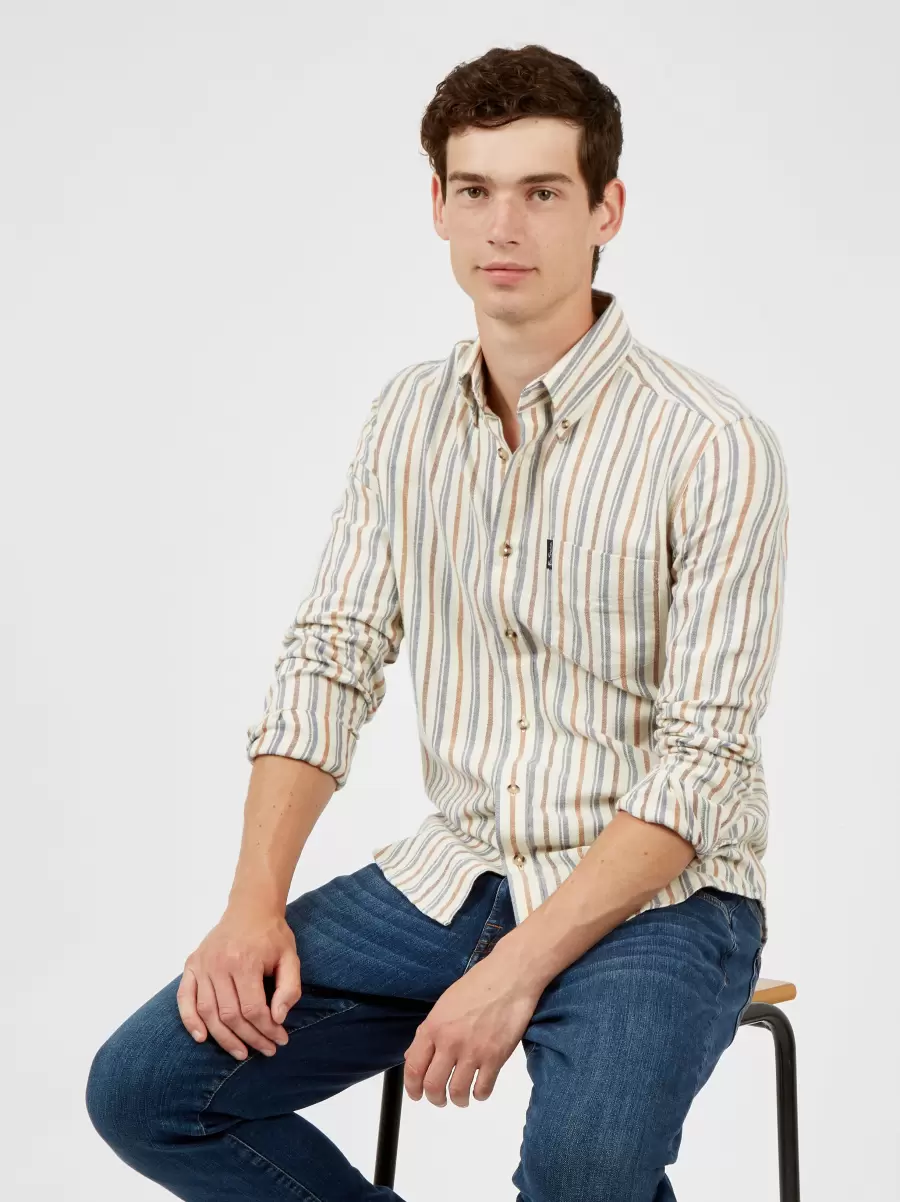 Ben Sherman Compact Men Long Sleeve Shirts Ivory Long-Sleeve Brushed Vertical-Stripe Shirt - Ivory - 3