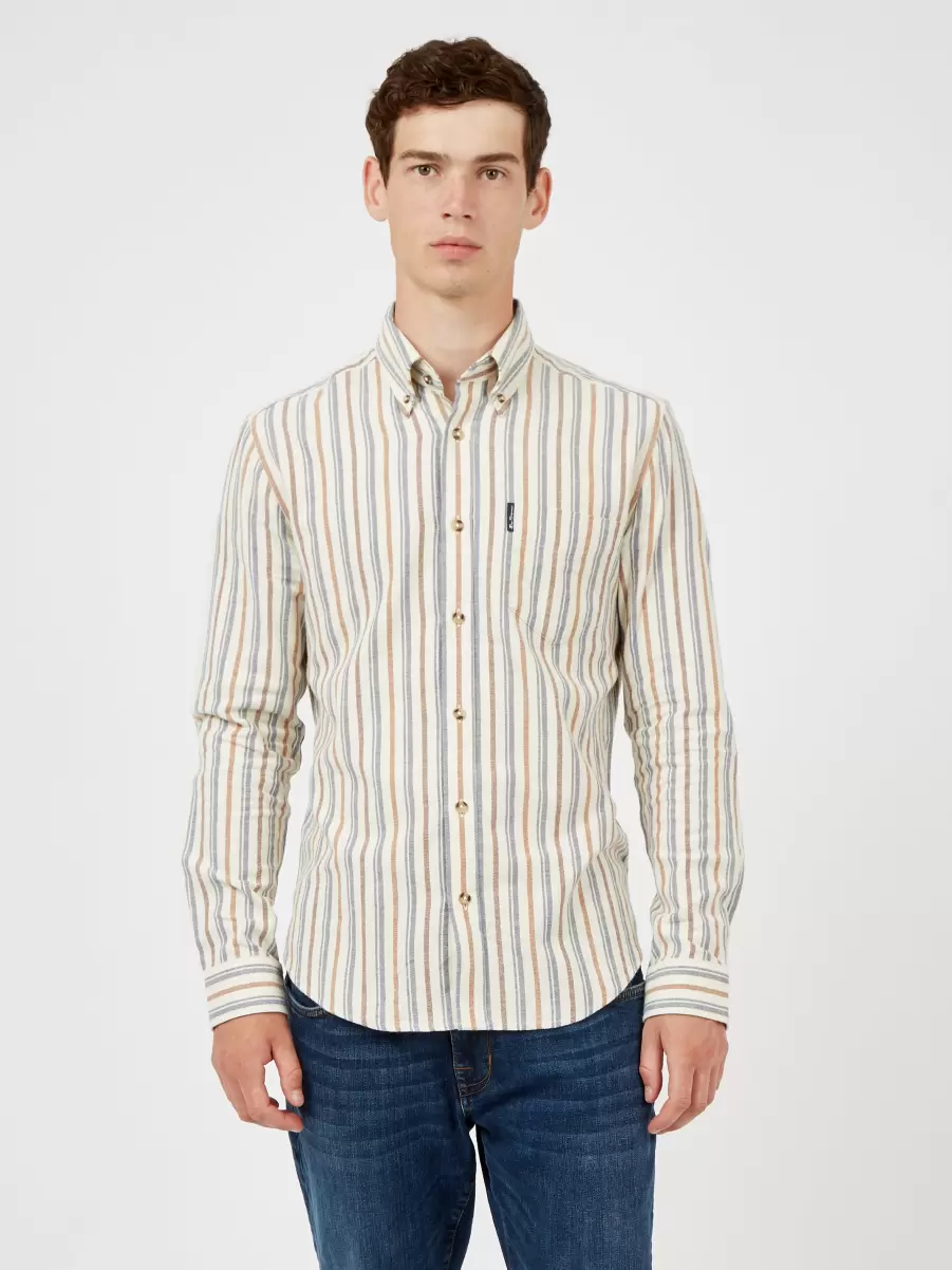 Ben Sherman Compact Men Long Sleeve Shirts Ivory Long-Sleeve Brushed Vertical-Stripe Shirt - Ivory