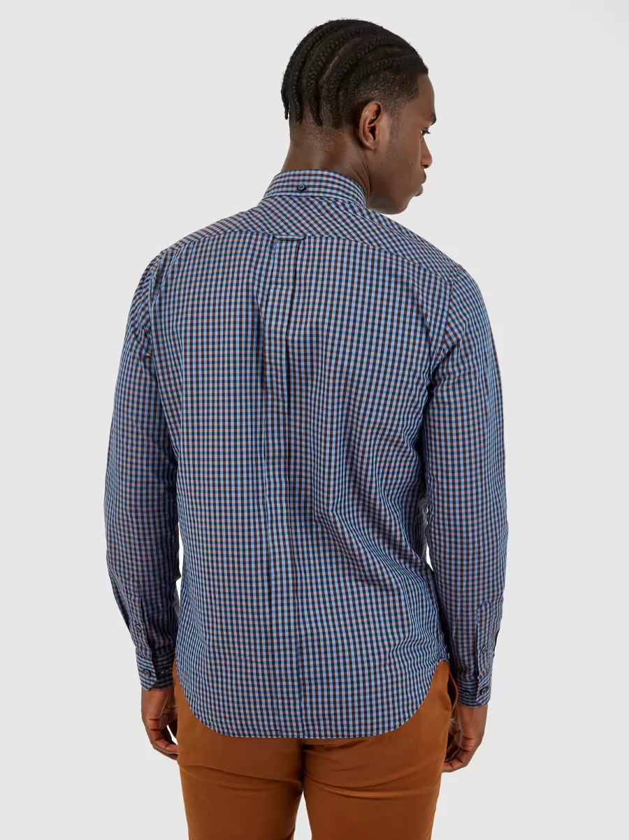 Signature Long-Sleeve Gingham Shirt Men Caramel Ben Sherman Discounted Long Sleeve Shirts - 1