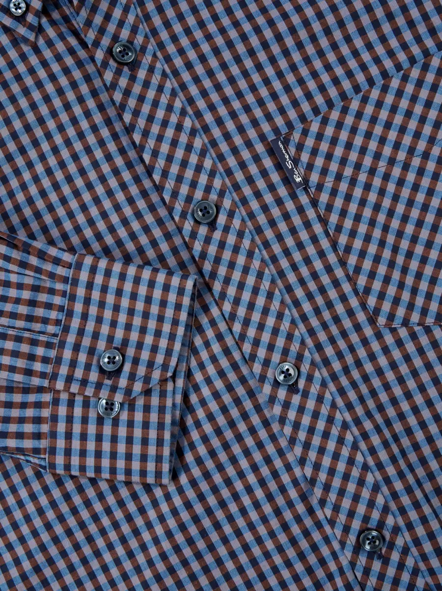 Signature Long-Sleeve Gingham Shirt Men Caramel Ben Sherman Discounted Long Sleeve Shirts - 4