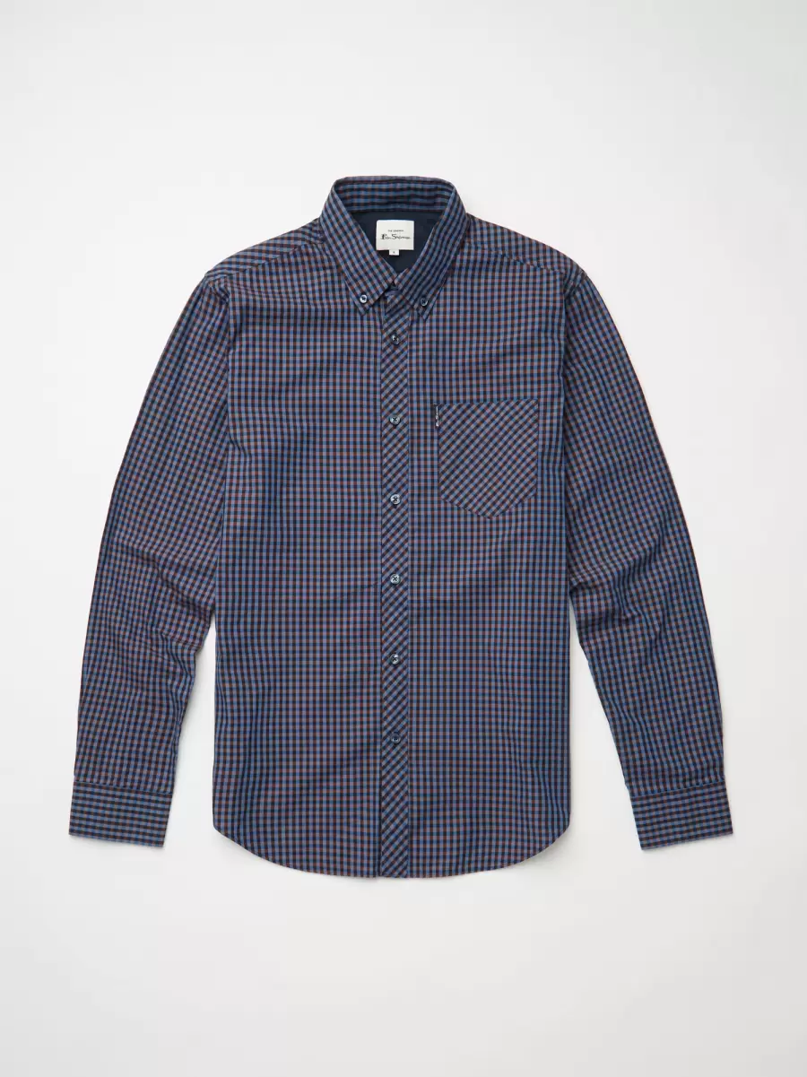 Signature Long-Sleeve Gingham Shirt Men Caramel Ben Sherman Discounted Long Sleeve Shirts - 5