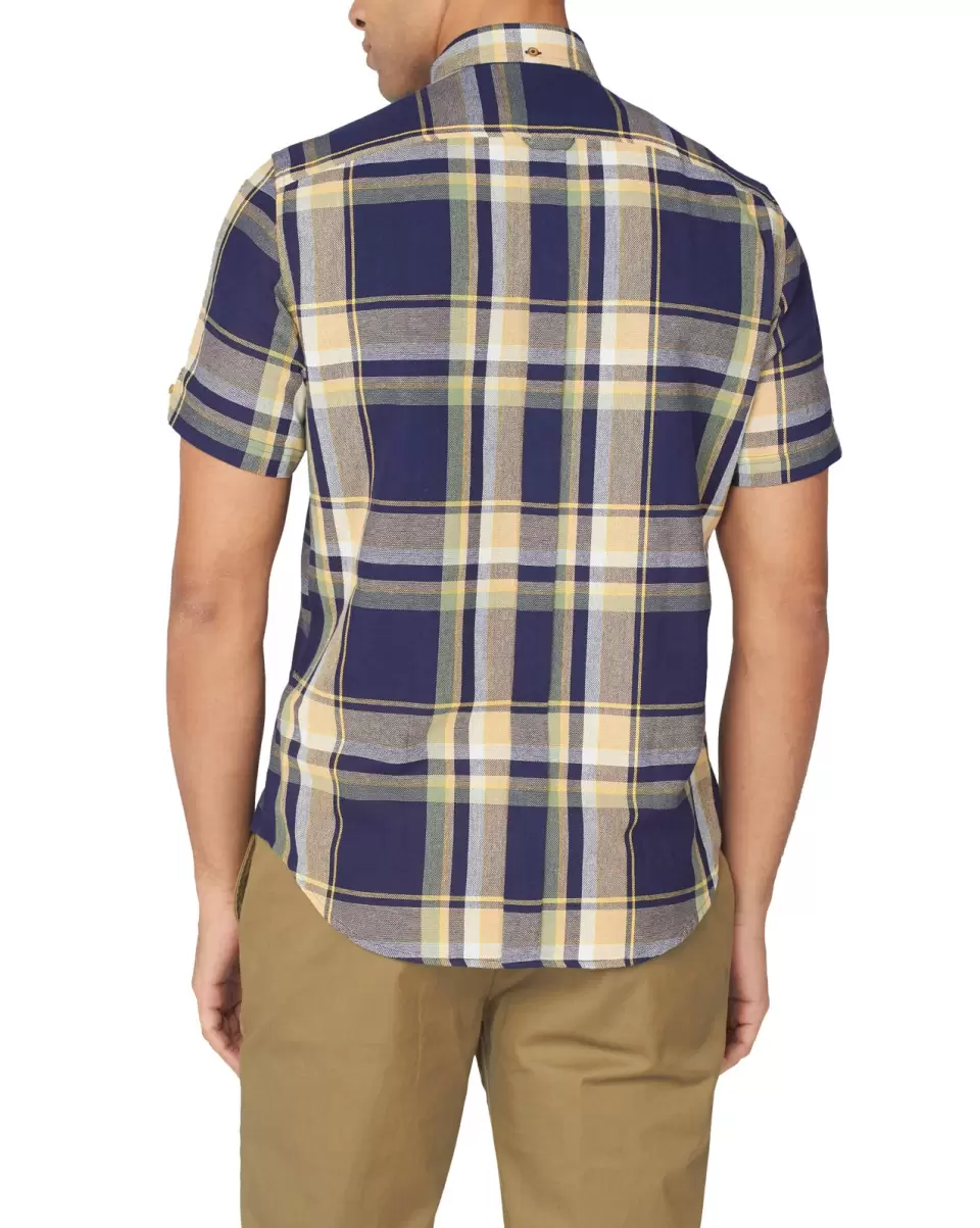 Long Sleeve Shirts Men Ben Sherman Marine Versatile Short-Sleeve Large-Check Oxford Shirt - Marine - 2