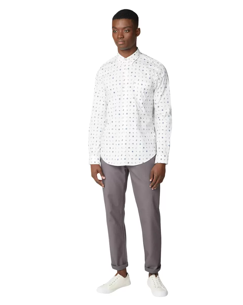 Men Long Sleeve Shirts Off White Long-Sleeve Conversational Print Shirt - Off White Offer Ben Sherman - 3