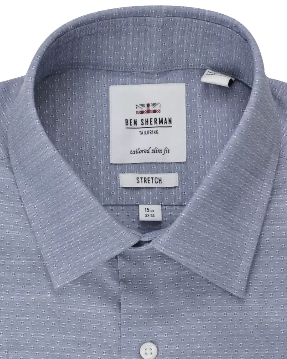Inviting Stretch Tailored Slim Fit Dress Shirt - Blue Long Sleeve Shirts Blue Men Ben Sherman - 1