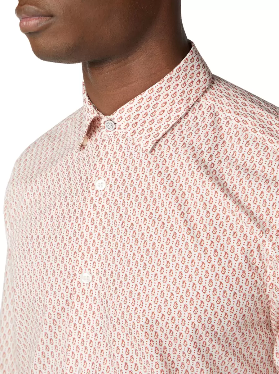 Men Long Sleeve Shirts Teracota Ben Sherman Advanced Long-Sleeve Fine Geo Print Shirt - Teracota - 2
