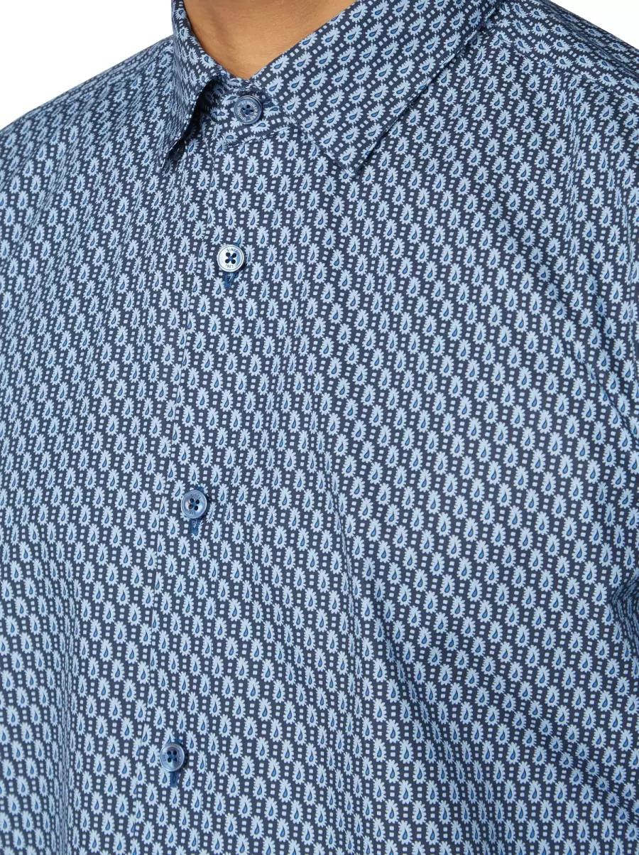 Men Long Sleeve Shirts Long-Sleeve Fine Geo Print Shirt - Dark Navy Dark Navy Ben Sherman Solid - 2