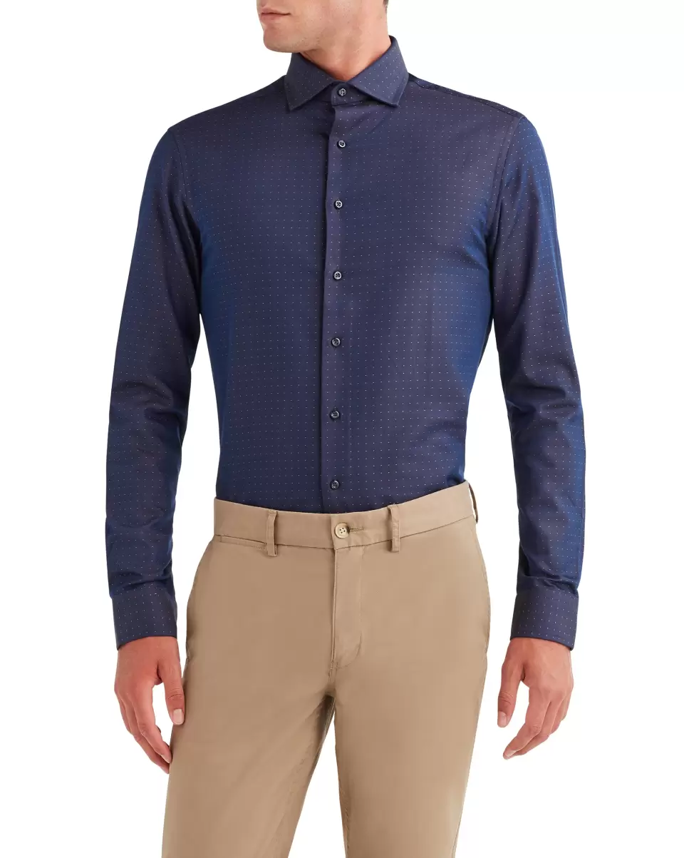 Men Navy Ben Sherman Affordable Long Sleeve Shirts Sateen Dobby Slim Fit Dress Shirt - Navy - 1
