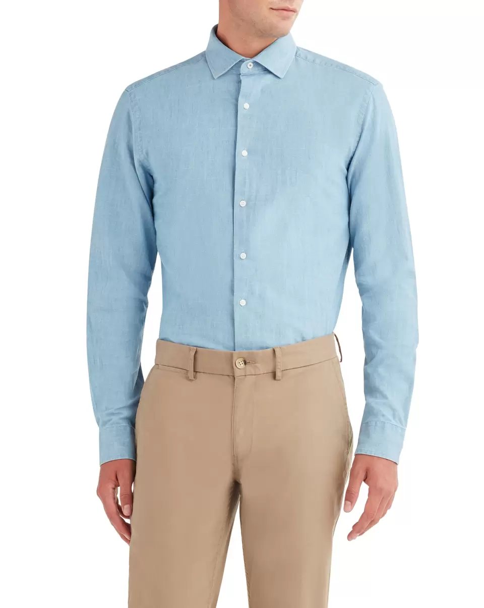 Made-To-Order Long Sleeve Shirts Light Blue Denim Slim Fit Dress Shirt - Light Blue Men Ben Sherman - 1