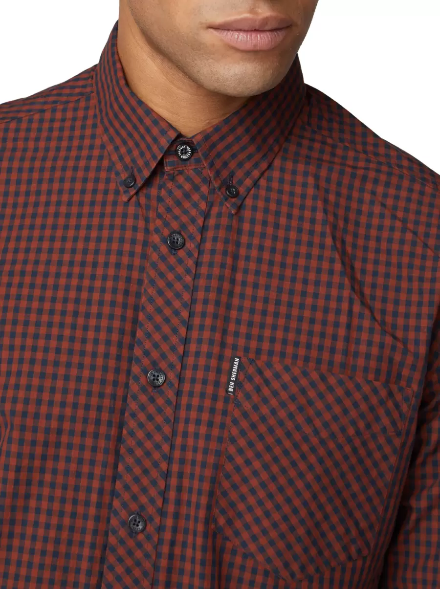 Long-Sleeve Gingham Shirt - Brown Men Ben Sherman Long Sleeve Shirts Reliable Brown - 2