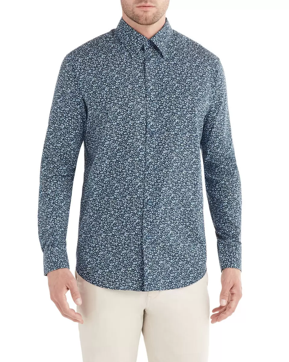 Men Elegant Navy Long-Sleeve Tonal Floral Print Shirt - Navy Ben Sherman Long Sleeve Shirts