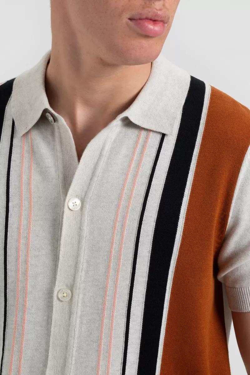 Premium Men Iconic Vertical Stripe Button-Through Mod Knit Polo - Ivory Ben Sherman Mod Knit Polos Ivory - 1