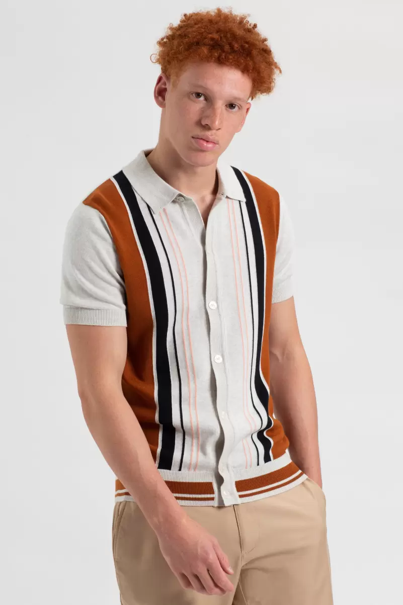 Premium Men Iconic Vertical Stripe Button-Through Mod Knit Polo - Ivory Ben Sherman Mod Knit Polos Ivory